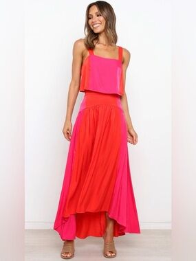 Petal & Pup Colorblock Red and Hot Pink High-Low Maxi Lula Dress Set Small